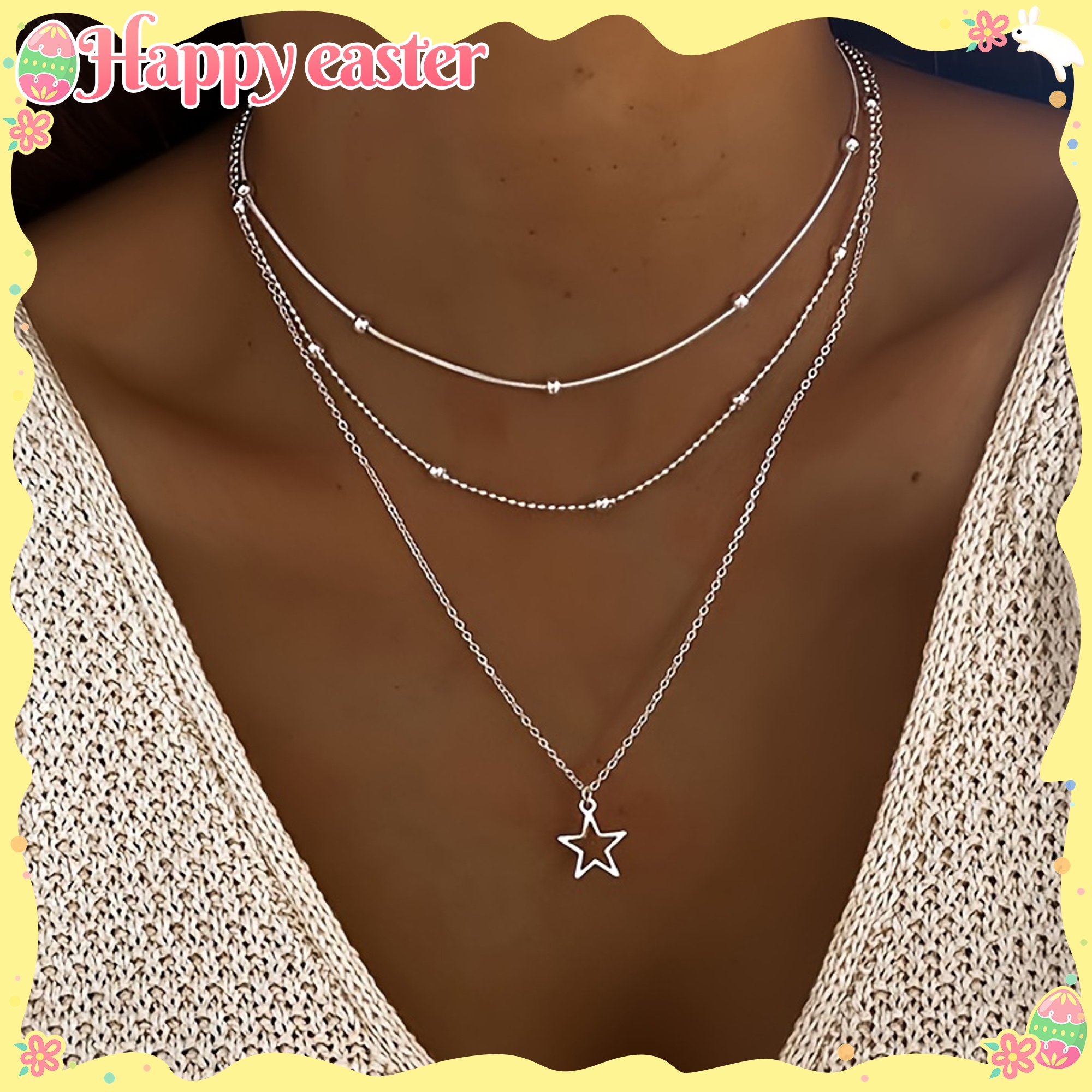 Women's Triple Layer Beaded Necklace with Star Pendant